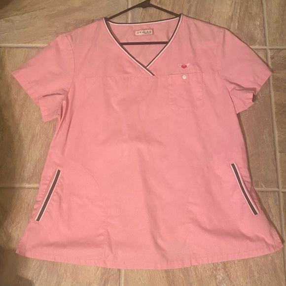 koi Tops Koi Pink Ashley Scrub Top Sporty Crossover V Neck Stripe